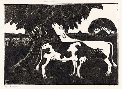 一棵树旁有两头母牛`Twee koeien bij een boom (1925) by Bernard Essers