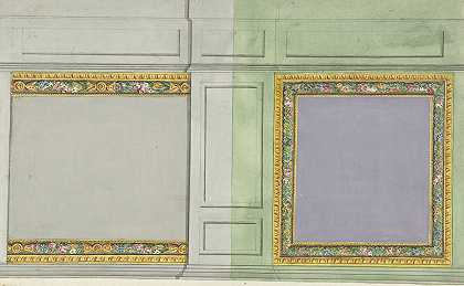 两块紫色和灰色长方形面板的房间装饰设计`Ontwerp voor kamerversiering met twee rechthoekige panelen in paars en grijs (1767 ~ 1823) by Abraham Meertens