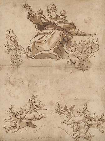 全能的天使`The Almighty with Angels (ca. 1650–69) by Luca Giordano