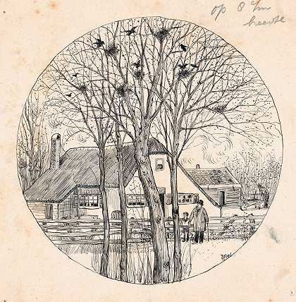 父子俩看着树上的乌鸦Gerrit`Vader en zoon kijken naar kraai Gerrit in een boom (1924) by D. Viel