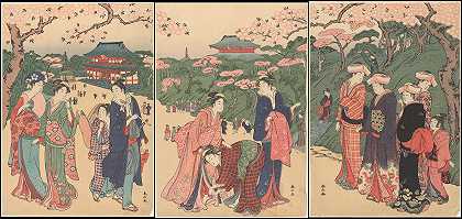 樱花时间在什叶，佐佐吉寺地面`Cherry Time at Shiba, Zojoji Temple Ground (18th century) by Katsukawa Shunzan