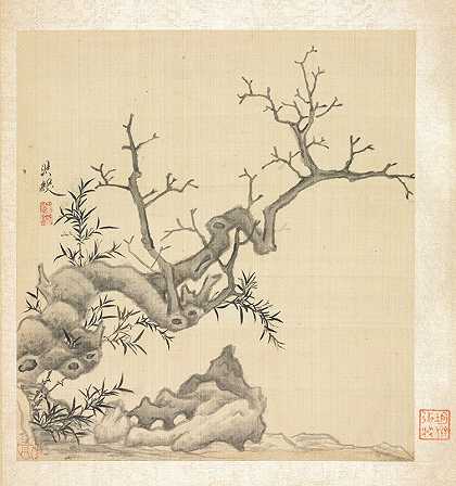 石头、老树和竹子`Rock, Old Tree, and Bamboo (1598~1652) by Chen Hongshou