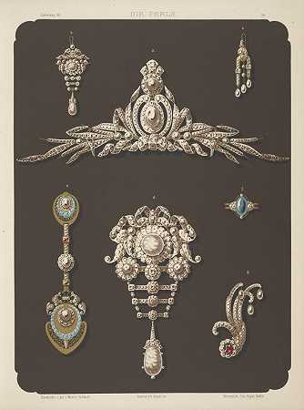 七种珠宝设计，包括大珍珠和钻石胸针。`Seven Designs For Jewelry, Including Large Pearl And Diamond Brooch. (1872 ~ 1873) by Martin Gerlach