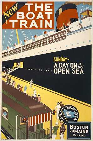 刚出现的船上有火车。周日——公海上的一天`New. The boat train. Sunday – a day on the open sea (1925) by Charles W. Holmes