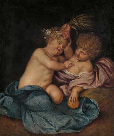 两个婴儿，春天和秋天的化身`Two Infants, Personifications of Spring and Autumn (1650 ~ 1670) by Follower of Thomas Willeboirts Bosschaert