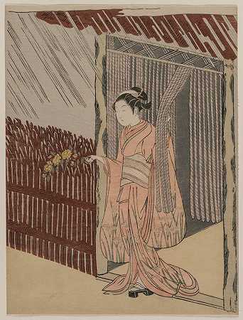 穿粉红色衣服的女孩`A Girl Dressing in Pink (1766) by Suzuki Harunobu