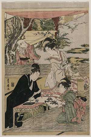 年轻人在桌子旁写字`Young Man Writing at a Table (c. 1800) by Utagawa Toyohiro