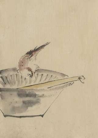 一只鸟栖息在碗边，仰着头，看着碗里的器具`A bird perched on the edge of a bowl, with head cocked, looking at a utensil in the bowl (1830~1850) by Katsushika Hokusai