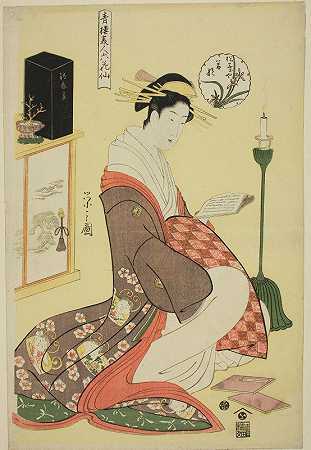 《松叶和尚》系列作为六位花神（Seiro bijin rokkasen）和`Wakana of the Matsubaya, from the series Beauties of the Pleasure Quarters as the Six Floral Immortals (Seiro bijin rokkasen) (c. 1794~95) by Chōbunsai Eishi