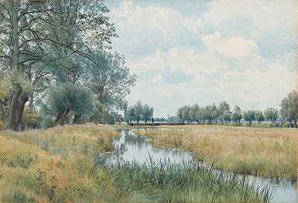 亨廷顿郡圣艾夫斯附近的河流景观`River Landscape near St. Ives, Huntingdonshire (1897) by William Fraser Garden