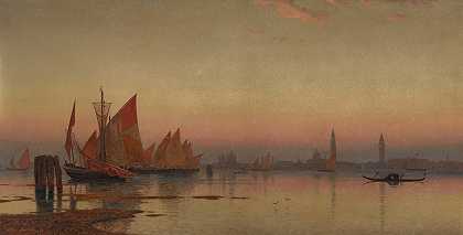 日落时的威尼斯海岸线`Venetian Coastline at Sunset (1872) by William Stanley Haseltine