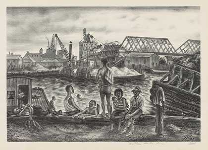 哈莱姆河的游泳者`Bathers, Harlem River (1939) by Saul Kovner