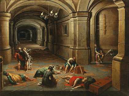 圣彼得解放后的监狱屋内`A prison interior with the Liberation of Saint Peter by Hendrick van Steenwijck the Younger