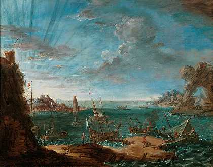 有船只和人物的海岸景观`A coastal landscape with ships and figures by Lodovico Mattioli