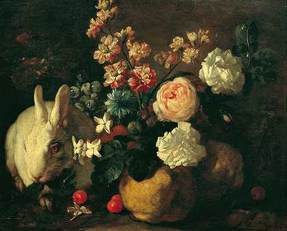 兔子、鲜花和水果的静物画`Stillleben mit Kaninchen, Blumen und Früchten (1720~1724) by Franz Werner von Tamm