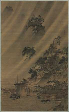 暴雨中的河村`River Village in a Rainstorm (c. 1480~1507) by Lu Wenying