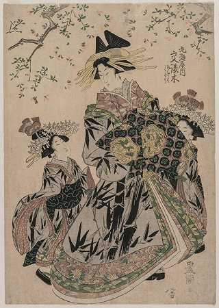 妓女Katakoshigi（？）关于Maruebiya和她的Kamuro Ageha和Midori`The Courtesan Katakoshigi (?) of Maruebiya with her Kamuro Ageha and Midori (c. 1805) by Toyokuni Utagawa