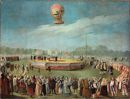 在国王查尔斯四世和他的宫廷面前升起一个气球`Ascenso de un globo en presencia del rey Carlos IV y de su Corte (1783) by Antonio Carnicero
