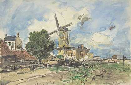 安特卫普风力发电厂`Wind Mill at Antwerp (1866) by Johan Barthold Jongkind