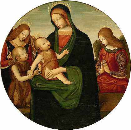 麦当娜和孩子，还有年轻的施洗者圣约翰和两位天使`Madonna And Child With The Young Saint John The Baptist And Two Angels by Master of the Greenville Tondo