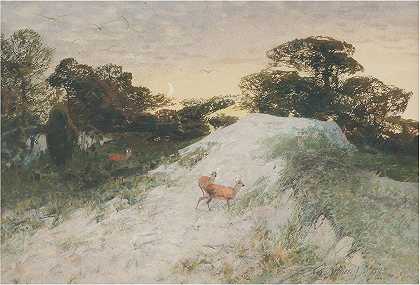 马鹿景观`Landscape With Red Deer (1893) by Christian Kröner