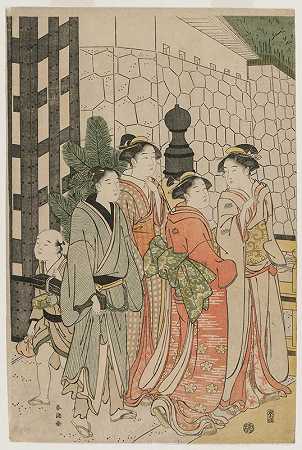 东京桥上的年轻男女`Young Man and Women on Tokiwa Bridge (early 1790s) by Katsukawa Shunchō