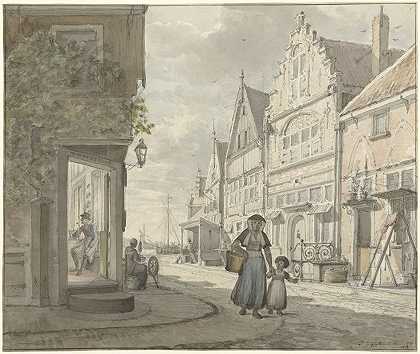 渔村街上行走的妇女和儿童`Vrouw en een kind lopen op straat in een vissersdorp (1817) by Johannes Jelgerhuis
