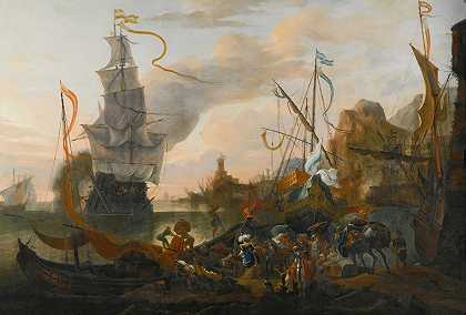 一个黎凡丁港，有一艘战舰和一名军人进港停泊，还有许多人在岸上`A Levantine Harbour With A Galley And A Man~Of~War Coming In To Anchor, Together With Many Figures On Shore (1681) by Hendrik van Minderhout