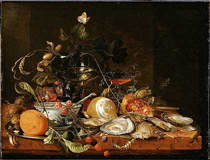 葡萄酒、水果和牡蛎的静物`Still Life with Wine, Fruit and Oysters by Jan Davidsz de Heem
