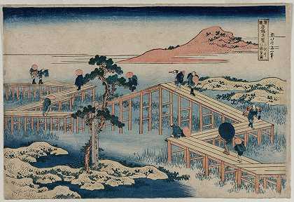 三川省八段桥的古代图片（摘自该省著名桥梁奇观系列）`An Ancient Picture of the Eight Part Bridge in Mikawa Province (from the series Curious Views of Famous Bridges in the Provinces) (early 1830s) by Katsushika Hokusai