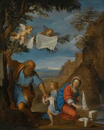 风景中的神圣家庭`The Holy Family In A Landscape by Francesco Albani