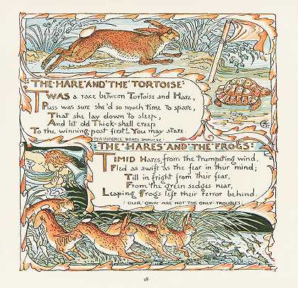 兔子和乌龟，兔子和青蛙`The Hare and the Tortoise, The Hares and the Frogs (1908) by Walter Crane