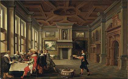 在一家室内餐厅里有一家杰出的晚餐公司`Distinguished Dinner Company in an Interior (1631) by Dirck Van Delen