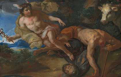 墨丘利在斩首阿古斯后营救了伪装的木卫一`Mercury rescues the disguised Io after beheading Argus (c. 1690~95) by Johann Michael Rottmayr