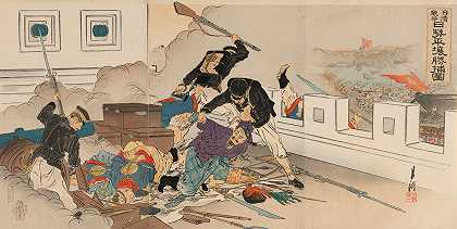 中日战争日本军队胜利占领了平阳`Sino~Japanese War; Japanese Forces at the Victorious Capture of Pyeongyang (1895) by Ōgata Gekkō