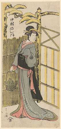站在花园大门旁的女性身影`Female Figure Standing beside Garden Gate (18th century) by Katsukawa Shunzan