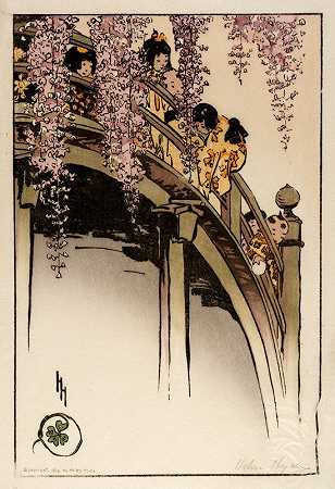 卡梅多的月亮桥`Moon Bridge at Kameido (1914) by Helen Hyde