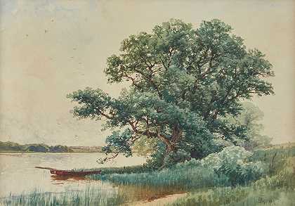 在河上划船`Punt on a River by Alfred Thompson Bricher