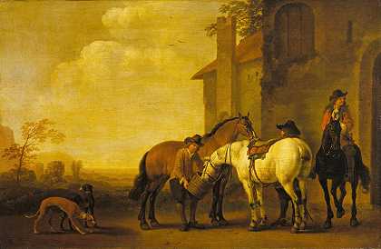 在一家旅馆停下来`Halt at an Inn (c. 1662 ~ c. 1722) by Abraham Van Calraet