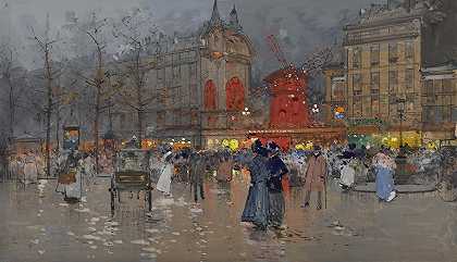 巴黎红磨坊`Le Moulin Rouge, Paris by Eugène Galien-Laloue