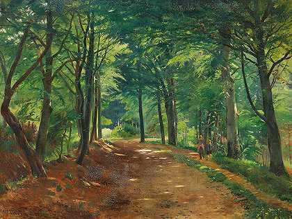 夏日在树林里，两个孩子在小路上`Sommerdag i skoven med to børn på en sti (1889) by Carl Carlsen
