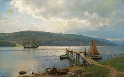 莫斯附近费斯特的码头`The Jetty At Feste Near Moss (1898) by Hans Fredrik Gude