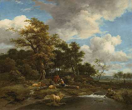 有牧羊人和羊群的树木繁茂的河流景观`A wooded river landscape with shepherds and their flock by Jacob van Ruisdael