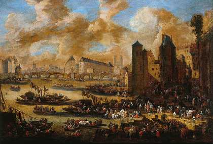 新桥、城市、塔楼和巢穴门`Le Pont~Neuf, la Cité, la Tour et la Porte de Nesle (1650) by Pieter Casteels