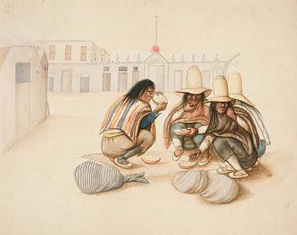 四个印度人在吃西瓜`Four Indians Eating Watermelons (ca. 1850) by Francisco Fierro