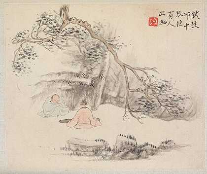 外面有两个人一个听，另一个弹琴`Two Figures Outside; One Listens while the Other Plays the Qin (1700s) by Hua Yan