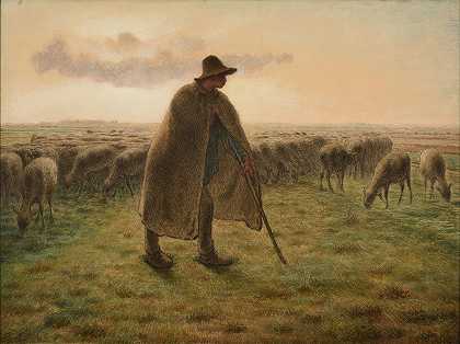 牧羊人放羊`Berger gardant son troupeau (ca 1865) by Jean-François Millet