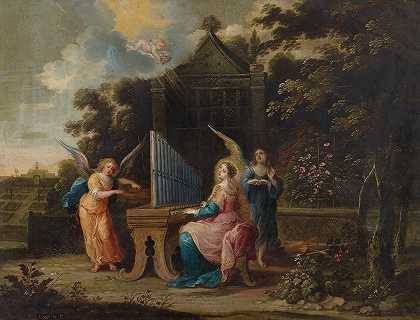 圣塞西莉亚在花园里的透明硬纱旁`Saint Cecilia at the organetto in a garden by Abraham Willemsen