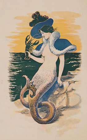 美人鱼拿着一只龙虾`Mermaid is holding a lobster (1895) by Alder