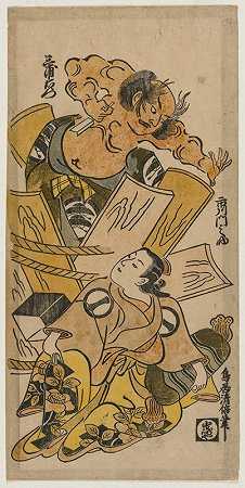 一川·蒙诺素克饰演妓女，中岛·米奥蒙从桶里跳了出来`Ichikawa Monnosuke as a Courtesan and Nakajima Mioemon Bursting Out of a Barrel (c. early 1720s) by Torii Kiyomasu